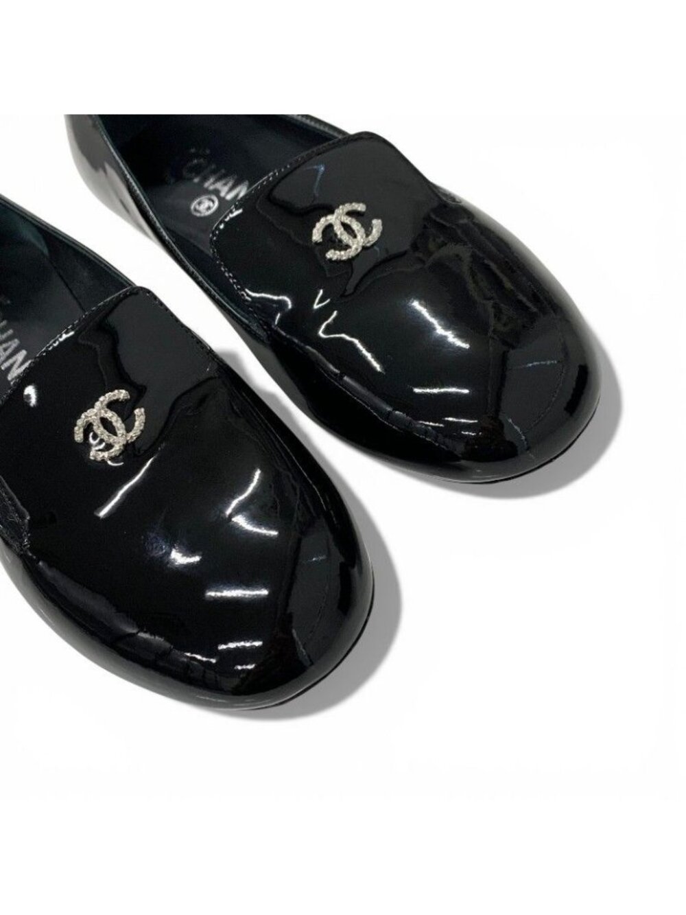 Chanel Loafers Leather Shoes Patent Black Silver CC Logo Pearl Opera Flat - Picture 9 of 10